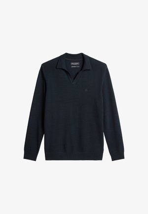 Donkerblauwe lange mouw gebreide polo trui met open V-halskraag, geribbelde manchetten en subtiel logo op de borst.