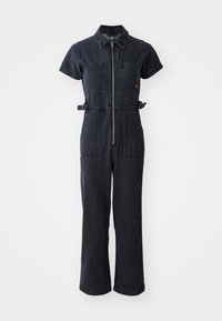 Mørk denim jumpsuit med krage, korte ermer, glidelås foran, to brystlommer og sidebånddetaljer i livet.