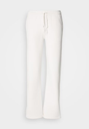 White, relaxed-fit sweatpants made of soft fabric, featuring an elastic waistband with a drawstring and straight-leg design.