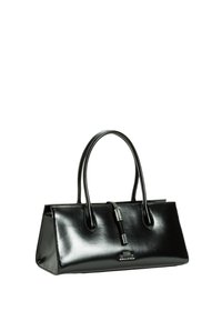 Borsa a mano in pelle sintetica nera con una forma strutturata, manici curvi doppi e accessori in metallo cromato. Superficie liscia e lucida senza motivi visibili.