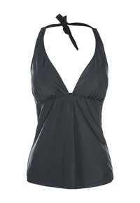 Svart halterneck baddräktstopp med djup ringning, samlad detalj vid bysten och knytning vid nacken. Slät tygstruktur.