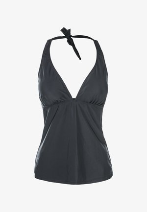 Zwarte halter badpak top met een diepe decolleté, gerimpelde details bij de buste en een striksluiting bij de hals. Glad stoftextuur.