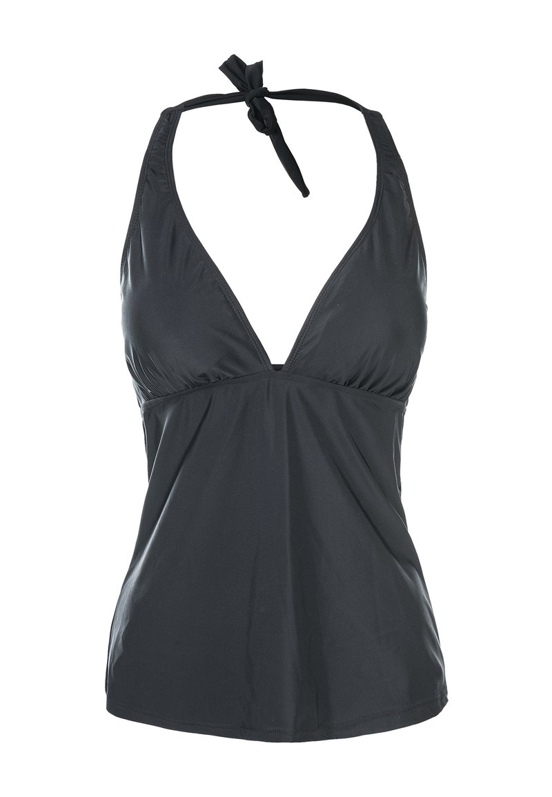 Svart halterneck baddräktstopp med djup ringning, samlad detalj vid bysten och knytning vid nacken. Slät tygstruktur.
