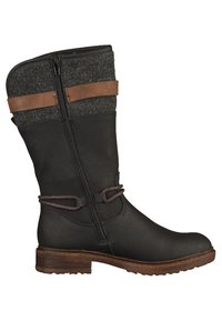 Botte en cuir noir à hauteur de genou avec un revers en feutre gris, des accents en cuir marron, une fermeture éclair sur le côté et un design à bout rond. Semelle en caoutchouc pour une meilleure adhérence.