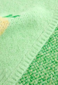 Zaļa sega no mīksta, pūkaina materiāla ar teksturētu rakstu. Satur dažādas zaļās krāsas toņus, dzeltenu akcentu un ribotu malu.