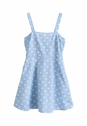 Vaaleansininen hihaton mekko valkoisilla pilkuilla, istuva vyötärö ja liehuva hame.