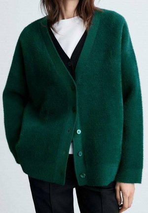 Osoba ubrana w ciemnozielony, miękki, zapinany na guziki kardigan noszony na białej koszuli i czarnym topie, w połączeniu z czarnymi spodniami, stojąca z jedną widoczną ręką.