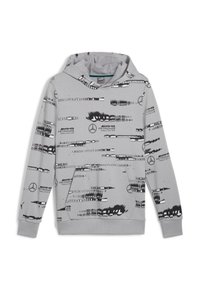 Gray hoodie with a patterned design featuring black and white lines. Displays AMG Petronas logos. Includes a front pocket and drawstring hood.