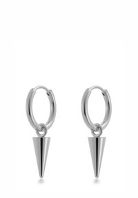 Silverörhängen med släta, cylindriska hoops och konformade hängen som hänger från dem, vilket skapar en polerad och modern design.