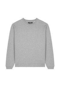 Grijze sweatshirt van zacht materiaal, met een ronde halslijn, lange mouwen en ribbelboorden aan de mouwen en onderkant. Minimalistisch ontwerp zonder patronen.