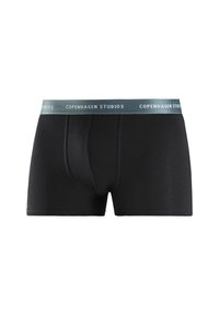 Black boxer briefs made from stretchy fabric, featuring a teal waistband with "Copenhagen Studios" printed. Smooth texture, fitted design.