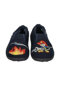 Marineblaue Stoffschuhe mit elastischen Öffnungen, ausgestattet mit einem gestickten Feuerwehrdesign und einem Feuermotiv auf dem Obermaterial. Gummisohlen.