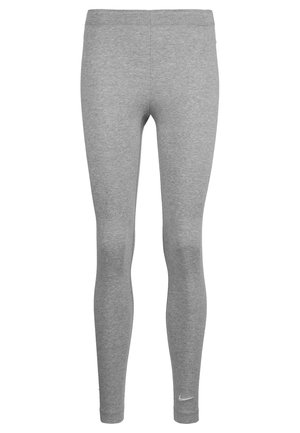 Grå leggings lavet af blødt, strækbart stof. Har en glat talje og et lille, hvidt Nike-logo nær anklen.