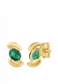 Náušnice v zlatej farbe s krivolakým dizajnom, zdôrazňujúce oválny zelený drahokam v strede, s lešteným a hladkým povrchom.