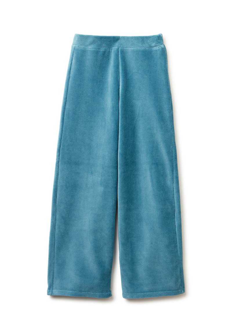 Pantalones anchos turquesa hechos de un tejido suave y texturizado con una cinturilla lisa, que presentan un corte recto y sin cierres visibles.