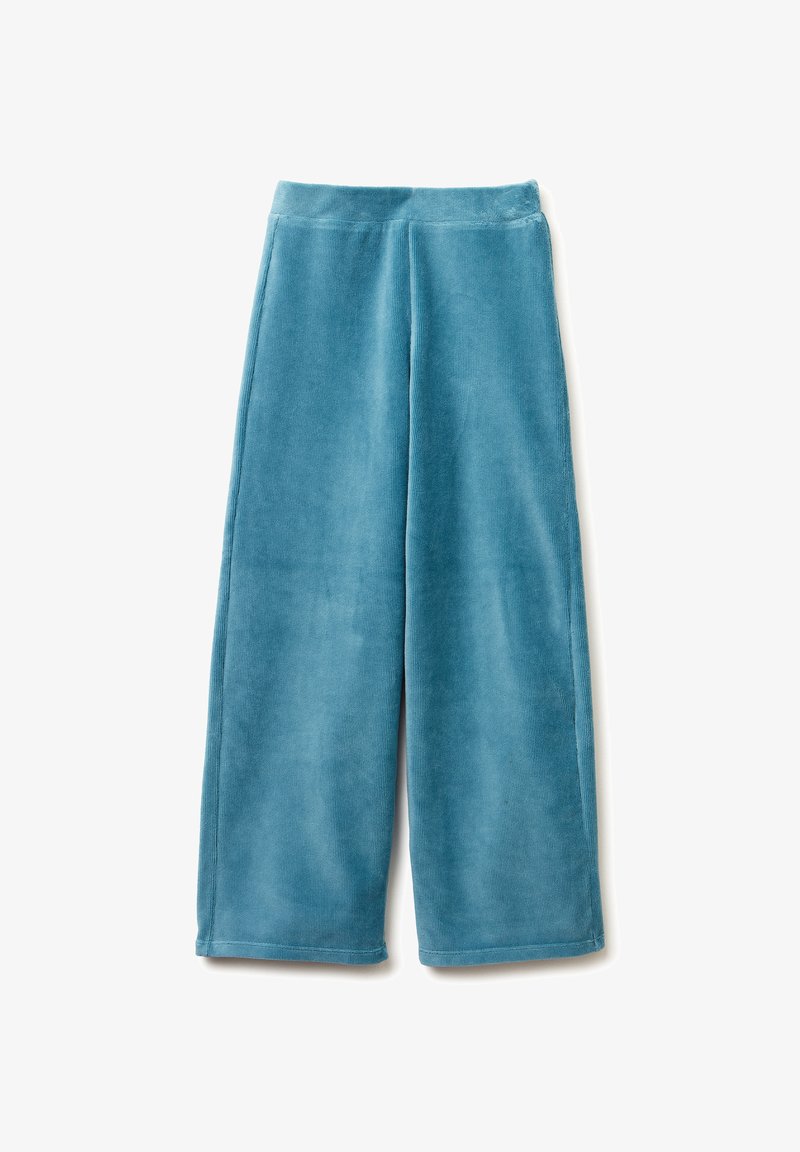 Türkise weite Hosen aus weichem, strukturiertem Stoff mit einem glatten Bund, geradem Schnitt und ohne sichtbare Verschlüsse.