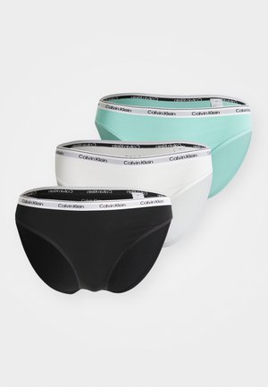 Three pairs of Calvin Klein bikini-style briefs in black, white, and mint green, featuring a contrasting branded elastic waistband.