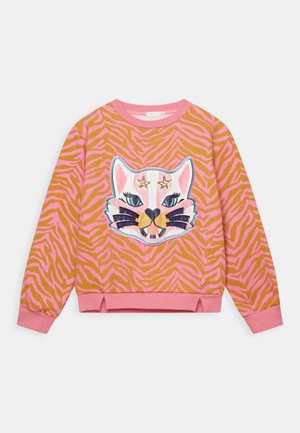 Børns langærmede sweatshirt med lyserøde og orange tigerstriber og et stort katteansigt med stjerneøjne broderet på forsiden.