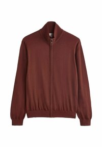 Burgundi cipzáros dzseki magas gallérral, puha anyagból készült; bordázott mandzsettákkal és sima textúrával, minimalista dizájnnal.
