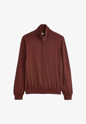 Burgundy zip-up jacket with a high collar, made of soft fabric; features ribbed cuffs and a smooth texture with a minimalist design.