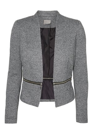 Grau strukturierter Damenblazer mit langen Ärmeln, offenem Vorderteil, schwarzer Innenfütterung und horizontalem Reißverschluss-Detail an der Taille.