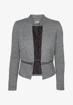 Szary fakturowany damski żakiet z długimi rękawami, otwarty z przodu, czarna podszewka oraz poziome detale zamka na wysokości talii.