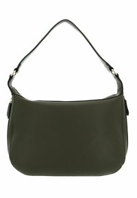 Borsa a spalla in pelle sintetica verde scuro con una texture liscia, corpo curvo e un'unica tracolla. Presenta dettagli in metallo dorato.