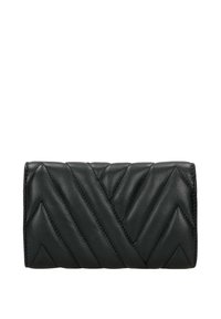 Portefeuille en cuir noir à motif en chevrons matelassé, de forme rectangulaire, avec des détails de couture visibles. Aucun accessoire en métal présent.