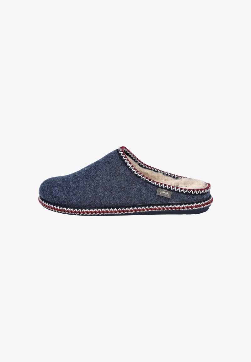 Zapatilla de casa de color navy con un suave forro de piel, que presenta acentos en rojo y blanco cosidos a lo largo del borde y una pequeña etiqueta en el lateral.
