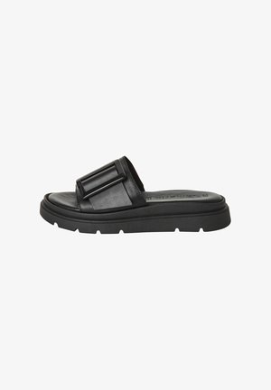 Black slide sandals made of faux leather, featuring a wide strap with a rectangular buckle and a chunky rubber sole with tread details.