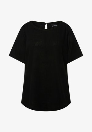 Zwarte t-shirt, korte mouwen, ronde halslijn, zachte textuur, sleutelgatdetail op de rug, ontspannen pasvorm, gladde stof.