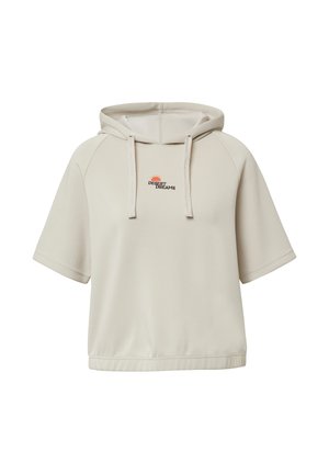 Kremowa bluza z krótkim rękawem, z kangurzą kieszenią i haftowanym logo "DESERT DREAMS". Miękka, gładka tekstura.