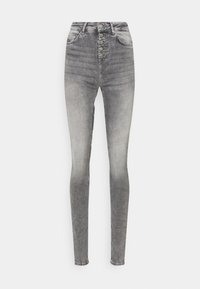 Jeans skinny de cintura alta em denim cinza claro. Apresenta fecho de cinco botões, duas bolsos frontais e desvanecimentos subtis para um visual desgastado.