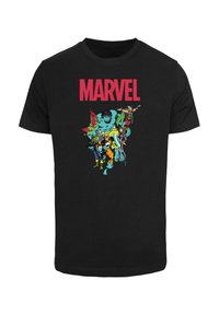 Sort t-shirt med en farverig Marvel grafik med forskellige karakterer, fed rød "MARVEL" tekst øverst, og et klassisk crew neck design.