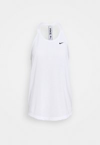 White Nike sleeveless athletic tank top with black swoosh logo on chest and branded strap at back.