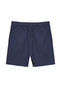 Pantaloni corti blu navy con un motivo testurizzato, vita elastica, due tasche posteriori con bottone e finitura in tessuto liscia.