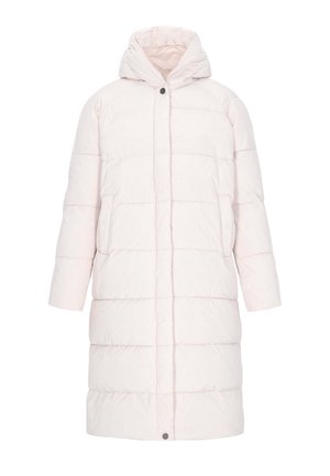 Heled roosa puhvkattega jope, millel on kapuuts, tikitud paneelid, eesplaani nööbid ja küljetaskud. Ühtlase trapetsikujuline tekstuur kogu ulatuses.