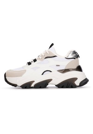 Chunky sneakers with a white mesh upper, beige suede accents, black details, and a metallic heel. Oversized black rubber sole for traction.