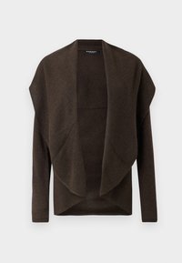 Cardigan in maglia marrone con apertura frontale, maniche lunghe e design drappeggiato, caratterizzato da una texture morbida e privo di chiusure.