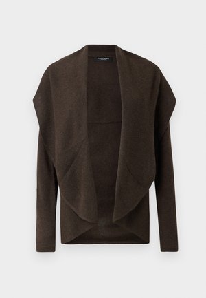 Brun strikket cardigan med åben front, lange ærmer og draperet design, der har en blød tekstur og ingen lukninger.