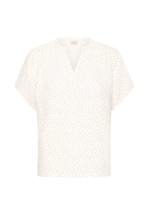 Blouse blanche à manches courtes avec pois rouges, encolure en V et légers fronces aux épaules.