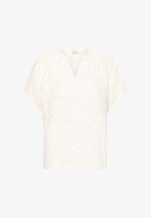 Valge lühikeste varrukatega pluus punaste täppidega, V-kaelusega ja kergelt kogutud õlgadega.