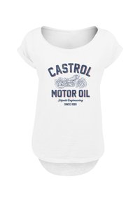 Weißes Baumwoll-T-Shirt mit rundem Ausschnitt, hochgerollten Ärmeln und Grafikdruck mit "Castrol Motor Oil" und einer Motorradillustration.