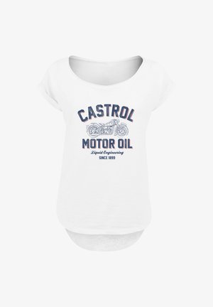 Weißes Baumwoll-T-Shirt mit rundem Ausschnitt, hochgerollten Ärmeln und Grafikdruck mit "Castrol Motor Oil" und einer Motorradillustration.