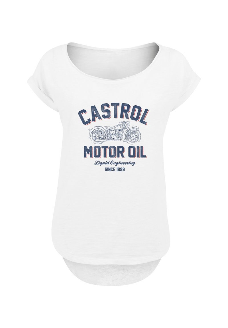 Weißes Baumwoll-T-Shirt mit rundem Ausschnitt, hochgerollten Ärmeln und Grafikdruck mit "Castrol Motor Oil" und einer Motorradillustration.