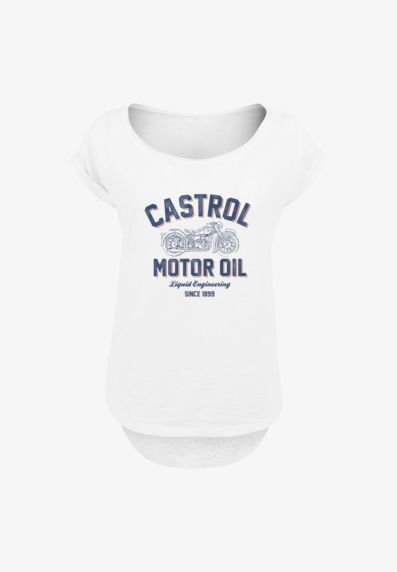 Weißes Baumwoll-T-Shirt mit rundem Ausschnitt, hochgerollten Ärmeln und Grafikdruck mit "Castrol Motor Oil" und einer Motorradillustration.