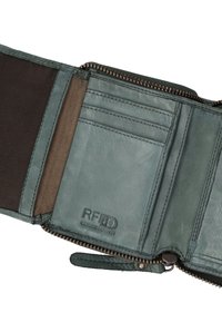 Green RFID-protected leather wallet with a zip closure, multiple card slots, soft texture, and a smooth, matte finish.