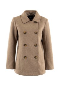 Cappotto doppiopetto color beige con colletto a sciala, realizzato in tessuto morbido. Presenta sei bottoni rotondi marroni e maniche a taglio dritto.