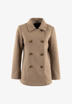 Een tan kleurige dubbelbreasted jas met een gelapte kraag, gemaakt van zacht materiaal. Voorzien van zes ronde bruine knopen en recht gesneden mouwen.