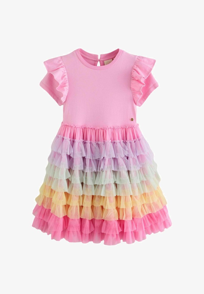 Roza kratek dekliški oblekici z nabranimi rokavi in večplastno krilom iz tulca v barvah mavrice v pastelnih odtenkih.